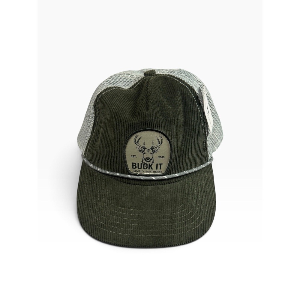 SIMPLY SOUTHERN Buck It Deer Trucker Hat Olive Corduroy Rope Snapback NWT